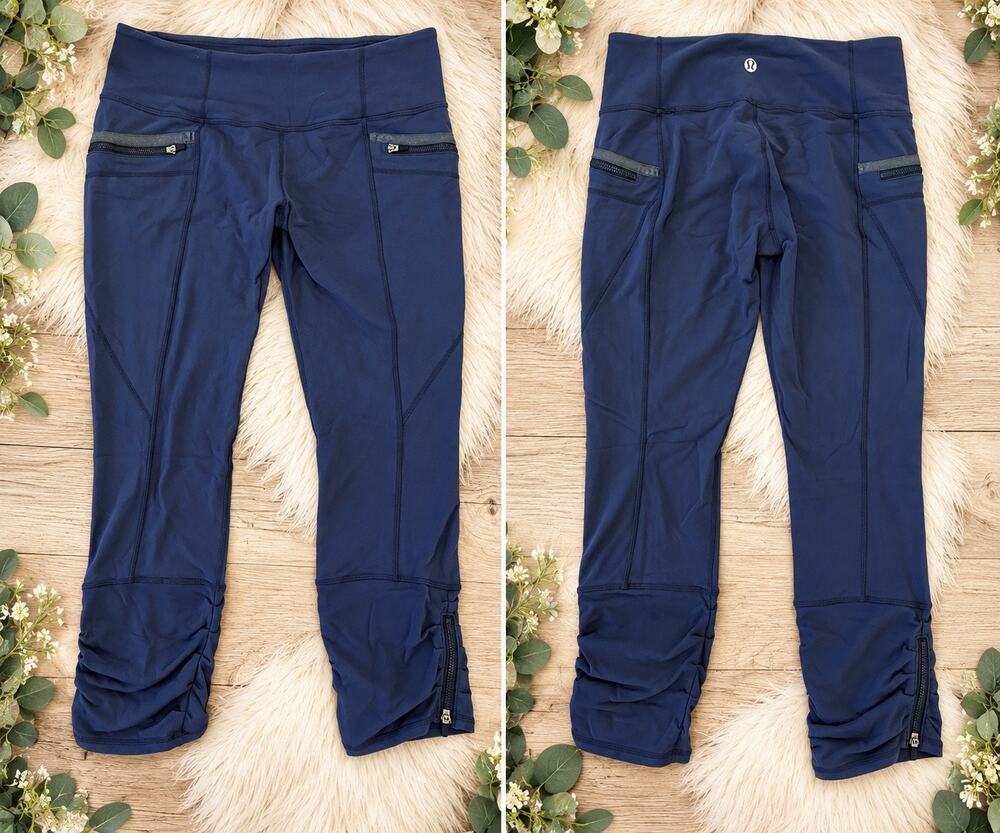 Lululemon Navy Blue Cropped Running Leggings Size 10 Zip Pockets Ruched Hem